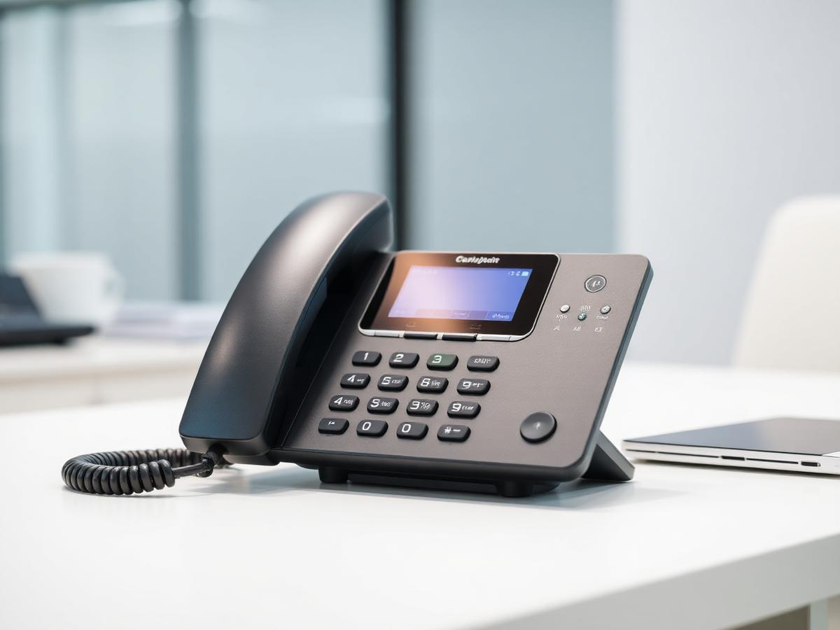 Modern VoIP business desk phone repaired by certified Massachusetts technicians